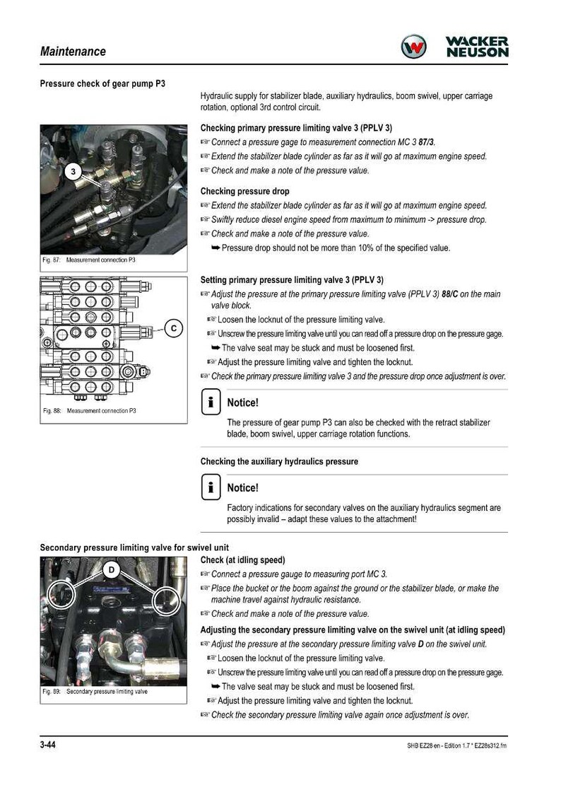 May include: A maintenance manual page with diagrams and instructions for checking and adjusting hydraulic pressure on a Wacker Neuson machine. Includes diagrams of pressure connections and valve adjustments.