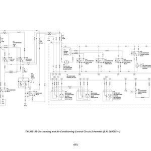 May include: A detailed schematic diagram of a vehicle's heating and air conditioning control circuit. The diagram is in black and white, with numerous lines, symbols, and text labels. The text at the bottom reads: TX1365199-UN: Heating and Air Conditioning Control Circuit Schematic (S.N. 269055-).
