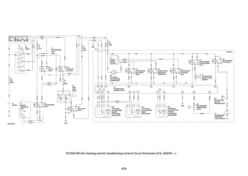 May include: A detailed schematic diagram of a vehicle's heating and air conditioning control circuit. The diagram is in black and white, with numerous lines, symbols, and text labels. The text at the bottom reads: TX1365199-UN: Heating and Air Conditioning Control Circuit Schematic (S.N. 269055-).
