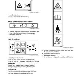 May include: A page of safety labels with no text, featuring warning symbols for hot surfaces, rotating blades, and crushing hazards. Instructions include avoiding slopes over 25 degrees and wearing seatbelts.