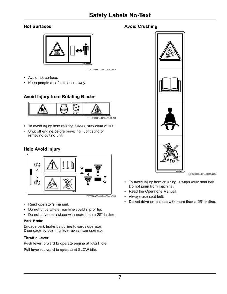 May include: A page of safety labels with no text, featuring warning symbols for hot surfaces, rotating blades, and crushing hazards. Instructions include avoiding slopes over 25 degrees and wearing seatbelts.