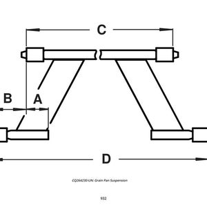 May include: Line drawing of a Grain Pan Suspension, labeled with dimensions A, B, C, and D. The diagram is in black and white, with the text "CQ264230-UN: Grain Pan Suspension" and the number "932" at the bottom.