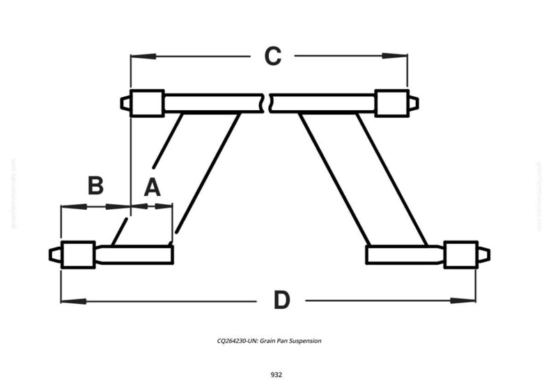 May include: Line drawing of a Grain Pan Suspension, labeled with dimensions A, B, C, and D. The diagram is in black and white, with the text "CQ264230-UN: Grain Pan Suspension" and the number "932" at the bottom.
