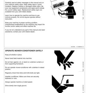 Pu&ograve; includere: Una pagina di un manuale di sicurezza con il titolo "Sicurezza". Il manuale fornisce istruzioni sui segnali di sicurezza, il funzionamento della macchina e il funzionamento del condizionatore di fieno. Le illustrazioni accompagnano il testo.