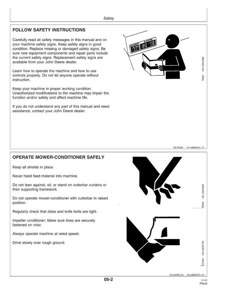 Pu&ograve; includere: Una pagina di un manuale di sicurezza con il titolo "Sicurezza". Il manuale fornisce istruzioni sui segnali di sicurezza, il funzionamento della macchina e il funzionamento del condizionatore di fieno. Le illustrazioni accompagnano il testo.