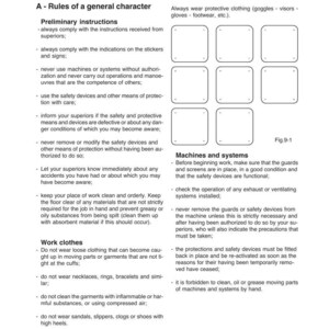 Puede incluir: Una p&aacute;gina de manual titulada "Trabajando en seguridad" con texto y diagramas. El texto incluye instrucciones de seguridad, reglas y directrices para maquinaria y ropa de trabajo. La p&aacute;gina tiene un logotipo en la esquina superior izquierda.