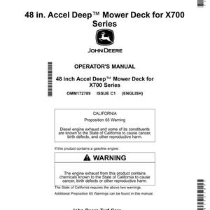 Pode incluir: Manual do operador da John Deere para o deck de corte Accel Deep de 48 polegadas para a s&eacute;rie X700. O manual inclui um aviso da Proposi&ccedil;&atilde;o 65 da Calif&oacute;rnia sobre os gases de escape de motores a diesel e gasolina.