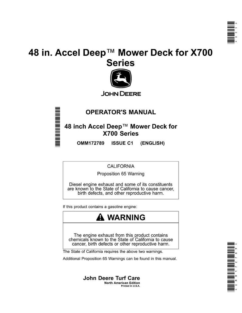 Pode incluir: Manual do operador da John Deere para o deck de corte Accel Deep de 48 polegadas para a s&eacute;rie X700. O manual inclui um aviso da Proposi&ccedil;&atilde;o 65 da Calif&oacute;rnia sobre os gases de escape de motores a diesel e gasolina.