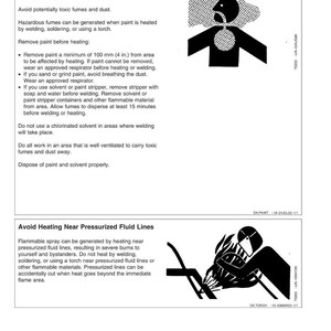 May include: Safety instructions for welding and heating, with illustrations. The text warns against hazardous fumes and pressurized fluid lines. It advises removing paint before welding and avoiding heating near pressurized fluid lines.