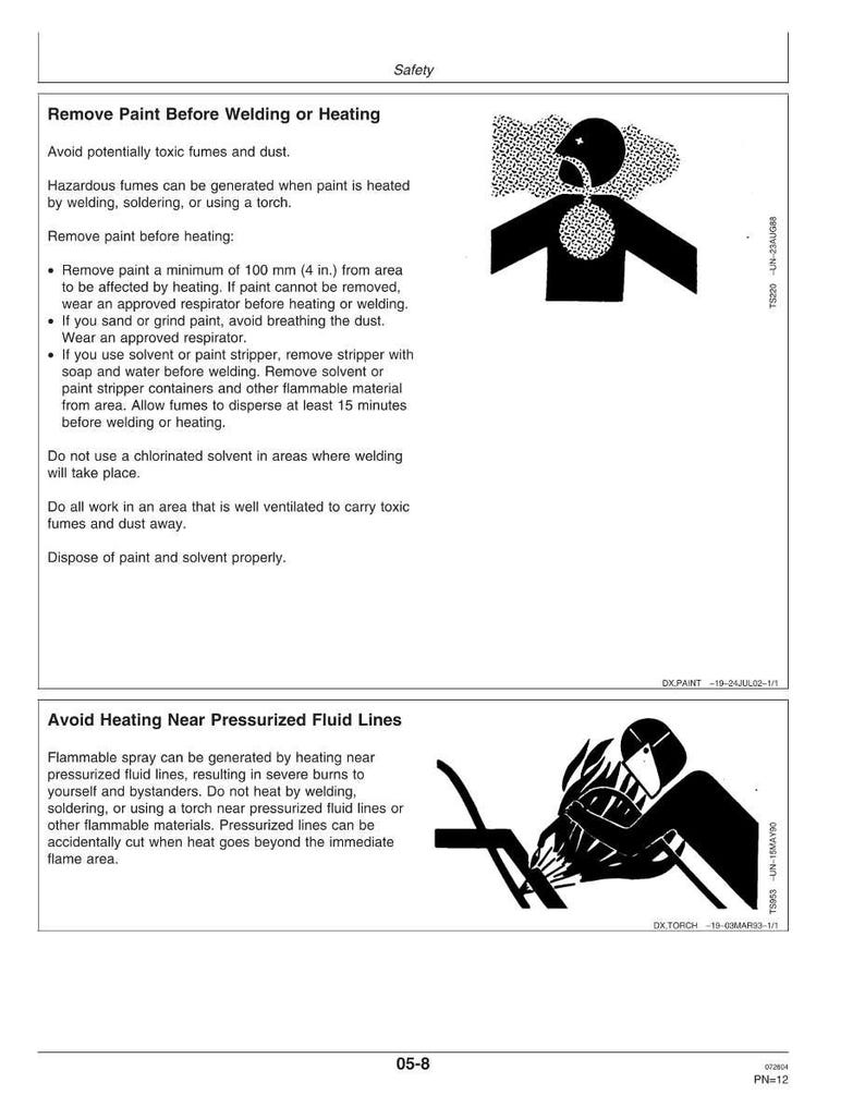 May include: Safety instructions for welding and heating, with illustrations. The text warns against hazardous fumes and pressurized fluid lines. It advises removing paint before welding and avoiding heating near pressurized fluid lines.