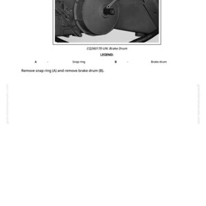 May include: Diagram of a brake drum assembly with labels. The image shows a circular brake drum, a snap ring, and other mechanical components. Text indicates the steps to remove the snap ring and brake drum. The image is in black and white.