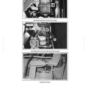以下が含まれることがあります： 機械部品を示す技術図。画像には、貯水池 (D) やブリードスクリュー (E) など、文字でラベル付けされたさまざまな部品のクローズアップが含まれています。テキストはメンテナンス手順を提供します。