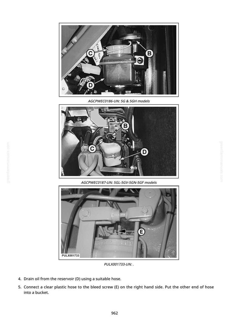 以下が含まれることがあります： 機械部品を示す技術図。画像には、貯水池 (D) やブリードスクリュー (E) など、文字でラベル付けされたさまざまな部品のクローズアップが含まれています。テキストはメンテナンス手順を提供します。