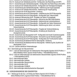 May include: A detailed table of contents in German, listing various procedures and configurations for machinery components, including gearboxes, steering units, and error messages. The document is organized with numbered sections and page references.