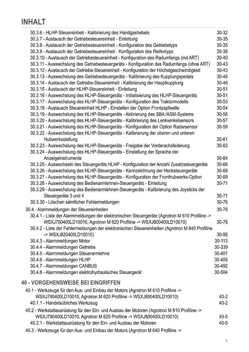 May include: A detailed table of contents in German, listing various procedures and configurations for machinery components, including gearboxes, steering units, and error messages. The document is organized with numbered sections and page references.