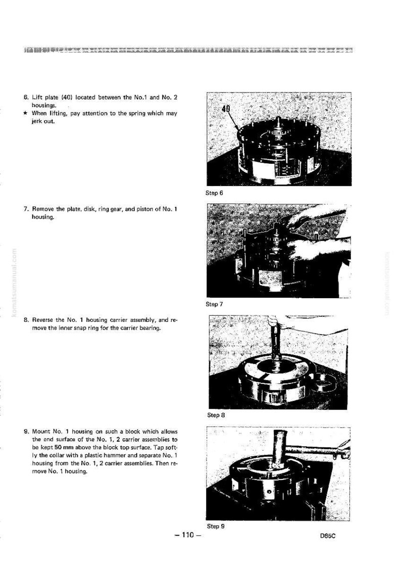 May include: Technical manual page with step-by-step instructions for disassembling a mechanical component. The image shows close-up views of the component at different stages of disassembly, with labels and text descriptions.
