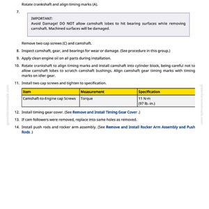 May include: A page from a greenfarmmanuals.com manual with engine repair instructions. The text details steps for removing and installing parts, including torque specifications in N-m and lb.-in. for camshaft-to-engine cap screws.