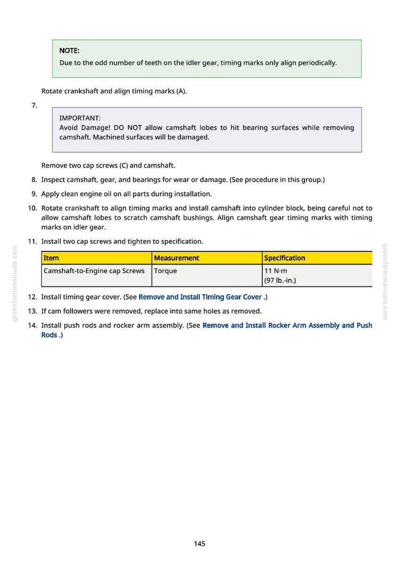 May include: A page from a greenfarmmanuals.com manual with engine repair instructions. The text details steps for removing and installing parts, including torque specifications in N-m and lb.-in. for camshaft-to-engine cap screws.