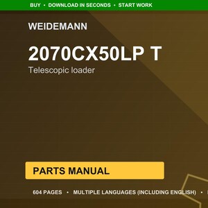 May include: A parts manual for a Weidemann 2070CX50LP T telescopic loader. The cover is a gradient of brown and gold with white text. The manual has 604 pages and is available in multiple languages, including English.