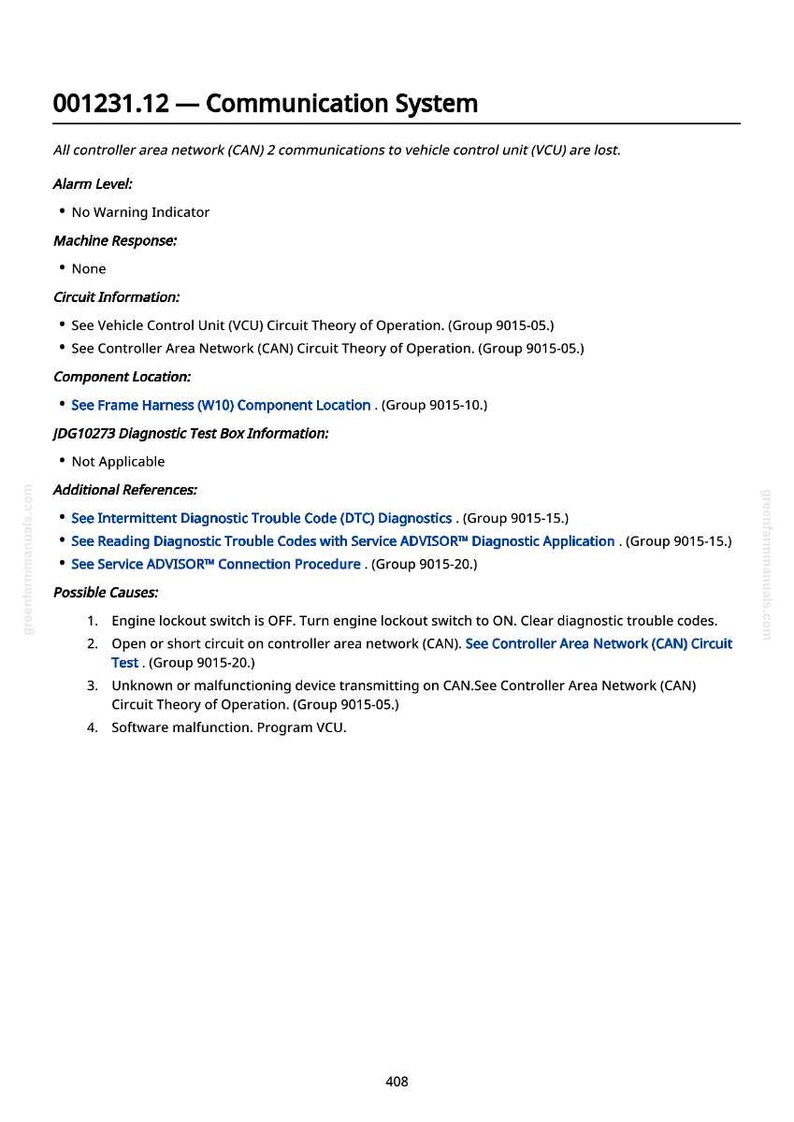 May include: A page from a manual titled "001231.12 - Communication System." The text details diagnostic information, including alarm levels, circuit information, and possible causes for communication issues. The page is white with black text.