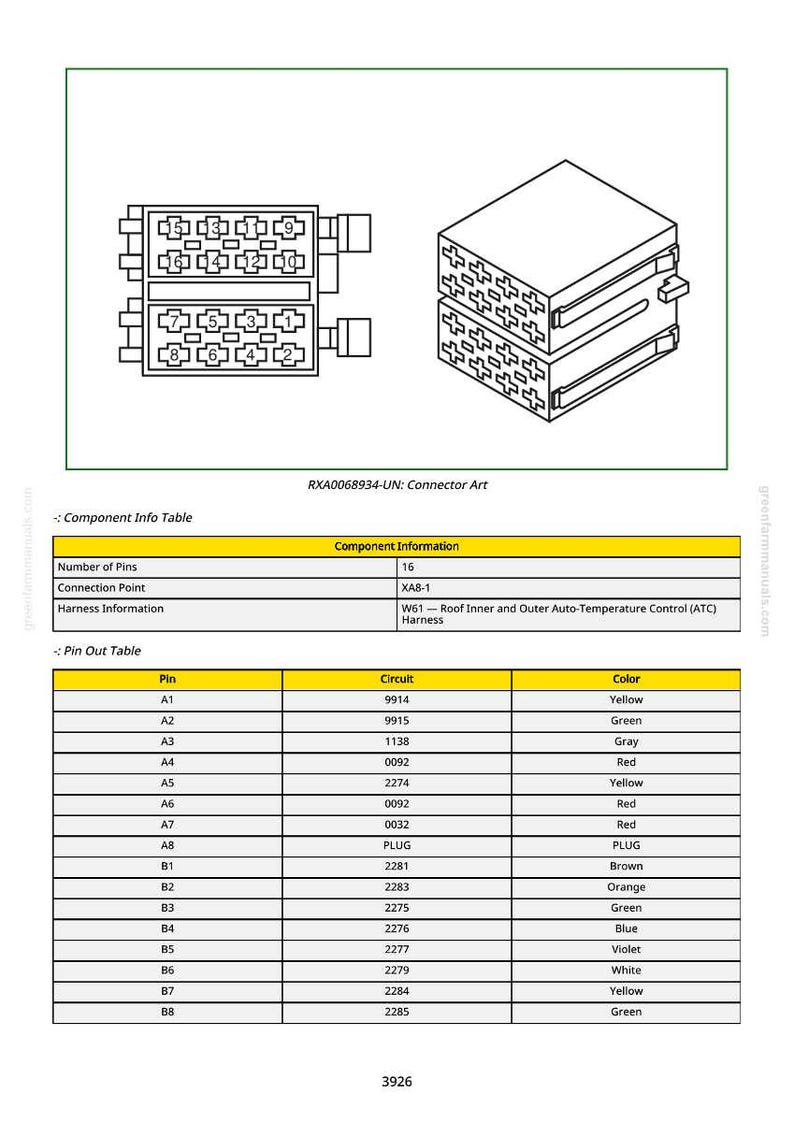 Puede incluir: Diagrama t&eacute;cnico de un conector con informaci&oacute;n de pines, una tabla de informaci&oacute;n de componentes y una tabla de pines con detalles de circuitos y colores. El texto en la imagen dice "RXA0068934-UN: Connector Art".