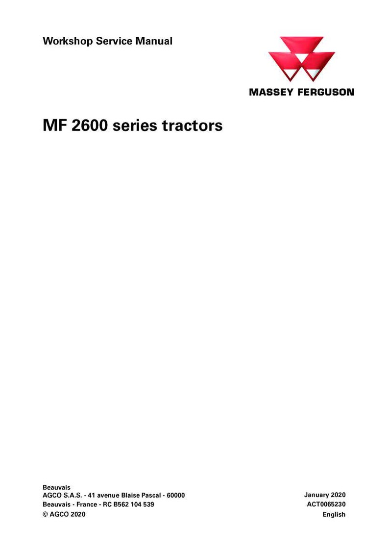 May include: A white document titled "Workshop Service Manual" with the Massey Ferguson logo and the text "MF 2600 series tractors." The document includes company information and the date January 2020.