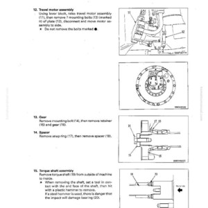 May include: A page from a manual detailing the disassembly and assembly of a front drive shaft. The diagrams show various components, including a travel motor assembly, gear, and spacer, with labels and instructions. Text includes "DISASSEMBLY AND ASSEMBLY" and "FRONT DRIVE SHAFT".