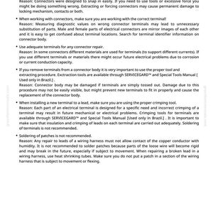 May include: A white page with the title "Wiring Harness/Electrical Connector Repair and Handling" and bullet points detailing electrical connector repair and handling procedures. The page includes warnings and instructions.