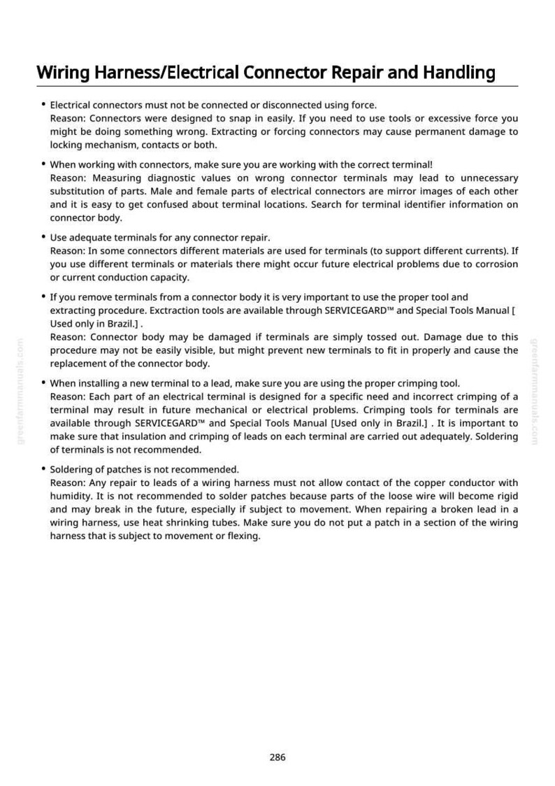 May include: A white page with the title "Wiring Harness/Electrical Connector Repair and Handling" and bullet points detailing electrical connector repair and handling procedures. The page includes warnings and instructions.