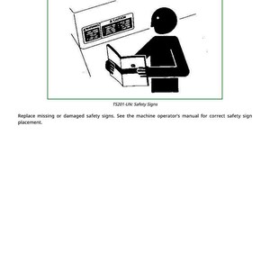 Op de afbeelding: Zwart-wit illustratie van een persoon die een handleiding leest naast een machine met veiligheidssignalen. De tekst "Replace Safety Signs" staat bovenaan. De afbeelding bevat de tekst "A CAUTION" en "TS201-UN: Safety Signs".