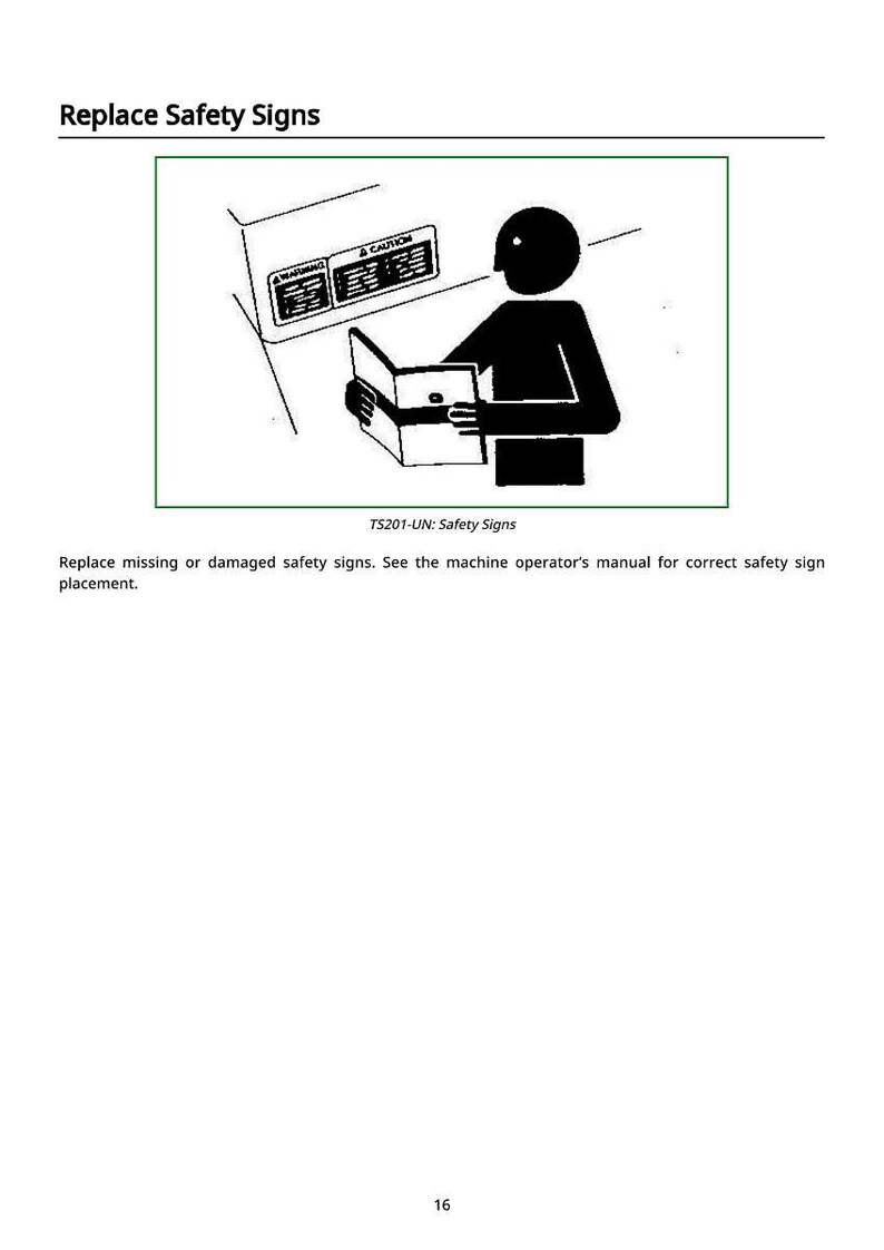 Op de afbeelding: Zwart-wit illustratie van een persoon die een handleiding leest naast een machine met veiligheidssignalen. De tekst "Replace Safety Signs" staat bovenaan. De afbeelding bevat de tekst "A CAUTION" en "TS201-UN: Safety Signs".
