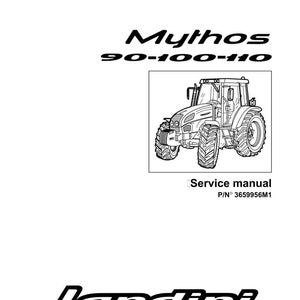 May include: Black and white image of a tractor with the text "Mythos 90-100-110". Below the tractor is the text "Service manual" and "P/N 3659956M1". The Landini logo is at the bottom.