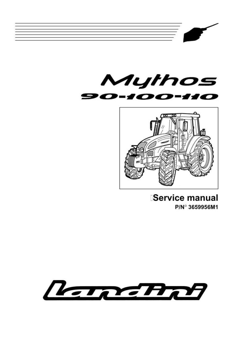 May include: Black and white image of a tractor with the text "Mythos 90-100-110". Below the tractor is the text "Service manual" and "P/N 3659956M1". The Landini logo is at the bottom.