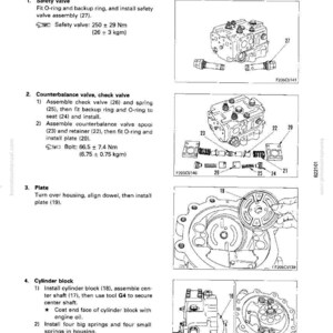 K&ouml;nnte beinhalten: Technische Zeichnung zur Montage eines Fahrmotors. Das Bild zeigt detaillierte Illustrationen verschiedener Komponenten wie Sicherheitsventile, Gegengewichtsventile und Zylinderbl&ouml;cke, mit Text und Messungen in Nm und kgm.