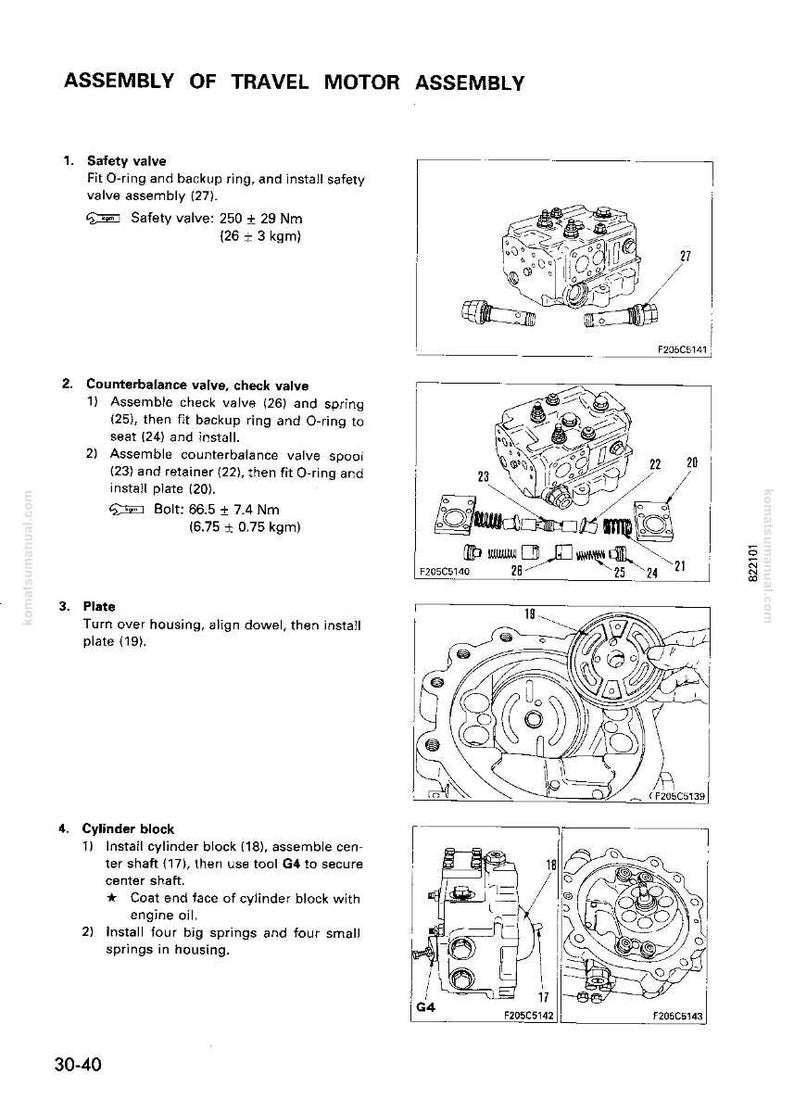 K&ouml;nnte beinhalten: Technische Zeichnung zur Montage eines Fahrmotors. Das Bild zeigt detaillierte Illustrationen verschiedener Komponenten wie Sicherheitsventile, Gegengewichtsventile und Zylinderbl&ouml;cke, mit Text und Messungen in Nm und kgm.