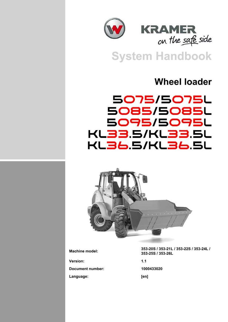 May include: A white and gray Kramer System Handbook with a wheel loader image. The handbook lists wheel loader models 5075/5075L, 5085/5085L, 5095/5095L, KL33.5/KL33.5L, and KL36.5/KL36.5L. The document version is 1.1.