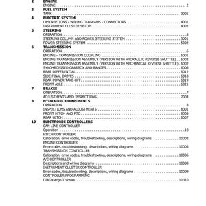 Puede incluir: Tabla de contenidos de un manual t&eacute;cnico, con secciones sobre motor, sistema de combustible, sistema el&eacute;ctrico, direcci&oacute;n, transmisi&oacute;n, frenos y componentes hidr&aacute;ulicos. Incluye diagramas de cableado y programaci&oacute;n.