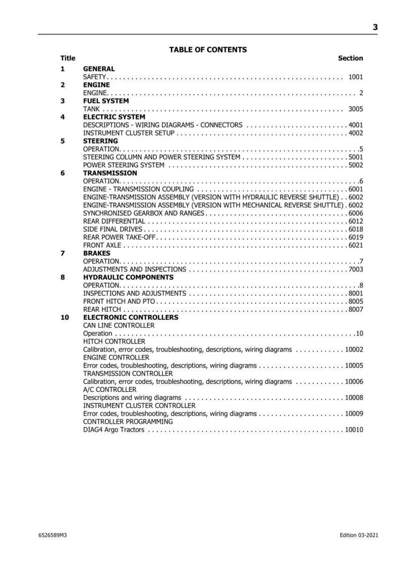 Puede incluir: Tabla de contenidos de un manual t&eacute;cnico, con secciones sobre motor, sistema de combustible, sistema el&eacute;ctrico, direcci&oacute;n, transmisi&oacute;n, frenos y componentes hidr&aacute;ulicos. Incluye diagramas de cableado y programaci&oacute;n.