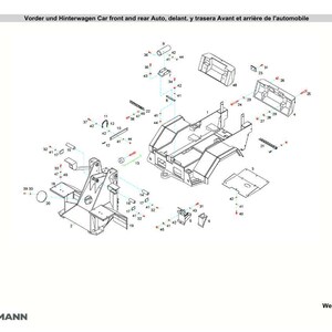 May include: An exploded diagram of a vehicle's front and rear components, labeled in German, English, Spanish, and French. The image features various parts, including chassis elements, brackets, and other mechanical components, with a white background.