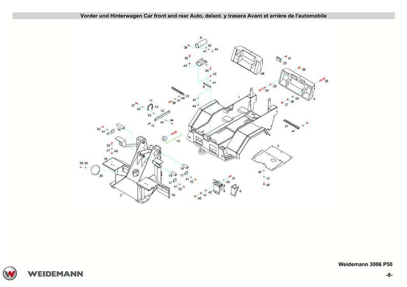 May include: An exploded diagram of a vehicle's front and rear components, labeled in German, English, Spanish, and French. The image features various parts, including chassis elements, brackets, and other mechanical components, with a white background.