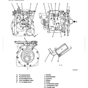 May include: Diagram of a Hydrosift Transmission, labeled F2, R2 Transmission. The image shows multiple views of the transmission with labels for components like the oil filler, oil level gauge, and transmission pump. Text includes "Structure and Function".