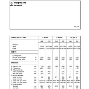 K&ouml;nnte beinhalten: Ein detailliertes technisches Datenblatt f&uuml;r Traktoren, einschlie&szlig;lich Gewichte und Abmessungen. Die Ma&szlig;e sind in Millimetern angegeben, wobei die H&ouml;he der Kabine zwischen 2360 und 2445 mm variiert.