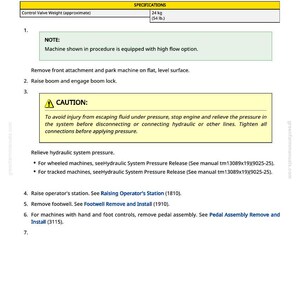 May include: A manual page titled "Control Valve Remove and Install." It details specifications, including control valve weight (24 kg / 54 lb), and safety instructions. The page also includes notes on machine features and procedures.