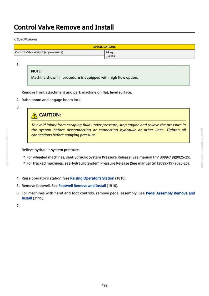 May include: A manual page titled "Control Valve Remove and Install." It details specifications, including control valve weight (24 kg / 54 lb), and safety instructions. The page also includes notes on machine features and procedures.