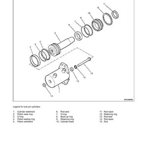 May include: Diagram of a hydraulic cylinder assembly and disassembly. The image shows an exploded view of the cylinder components, including rings, seals, and the cylinder head. Text labels identify each part for reference.