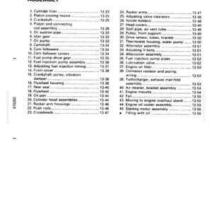May include: A detailed diagram labeled "ASSEMBLY" with a list of engine components and their corresponding page numbers. Includes items like cylinder liner, crankshaft, oil pump, and flywheel. The page numbers are in the format 13-23, 13-25, etc.