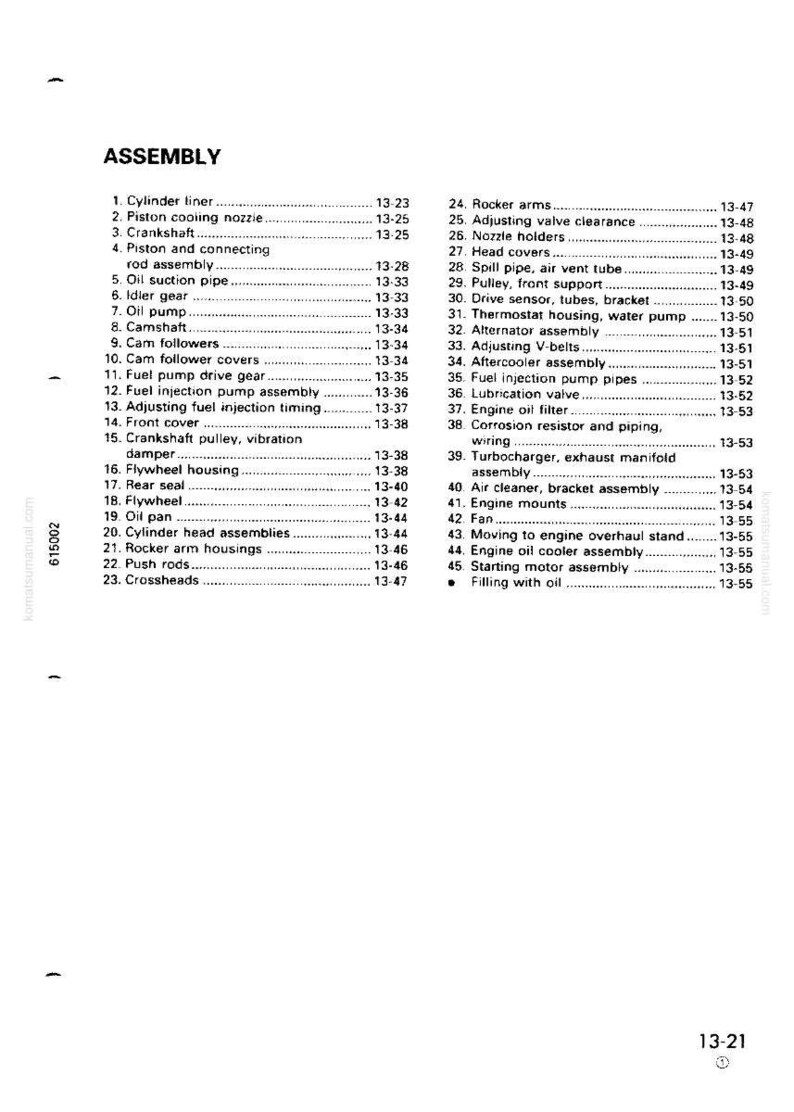May include: A detailed diagram labeled "ASSEMBLY" with a list of engine components and their corresponding page numbers. Includes items like cylinder liner, crankshaft, oil pump, and flywheel. The page numbers are in the format 13-23, 13-25, etc.