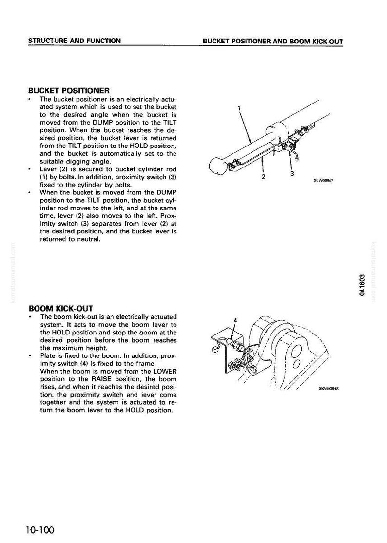 May include: Diagram of a bucket positioner and boom kick-out system. The image includes labeled components such as levers, switches, and rods, with accompanying text describing their function and operation within the system.