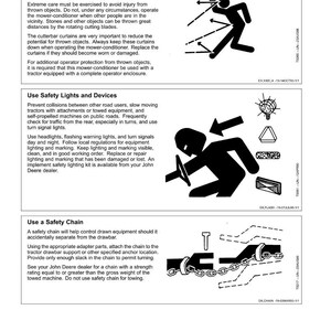 Puede incluir: Diagramas que ilustran las pautas de seguridad para el funcionamiento de maquinaria. La imagen incluye texto sobre c&oacute;mo evitar lesiones por objetos lanzados, el uso de luces y dispositivos de seguridad y la importancia de una cadena de seguridad. Los diagramas muestran figuras de palo y equipos.
