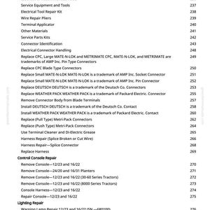 Puede incluir: Una p&aacute;gina de manual con especificaciones y procedimientos de reparaci&oacute;n. Las secciones incluyen reparaci&oacute;n de arneses, manejo de conectores el&eacute;ctricos y reparaci&oacute;n de la consola de control. El texto enumera varios componentes y sus instrucciones.